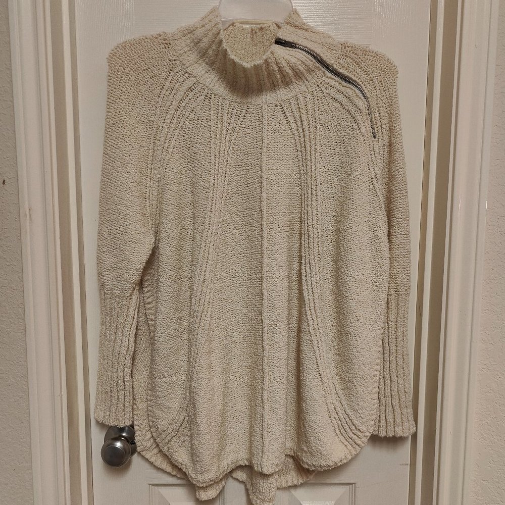 Free People Women's Mock Neck With Zipper Ivory Knit Chunky Sweater Size XL